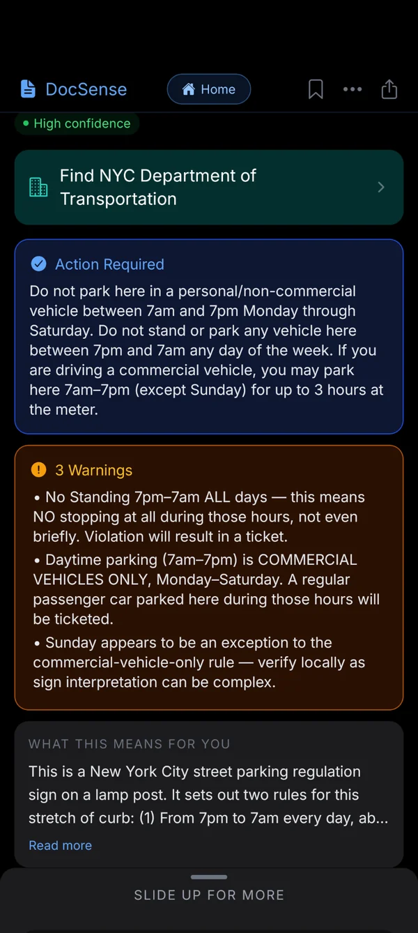 A DocSense result page interpreting a New York City parking sign, with an Action Required block, three Warnings, and a "What this means for you" explainer