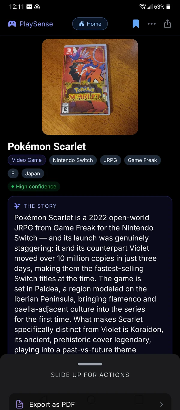 A PlaySense result page identifying Pok&eacute;mon Scarlet for Nintendo Switch with tags for genre, publisher, ESRB rating, and region, plus a multi-paragraph cultural backstory